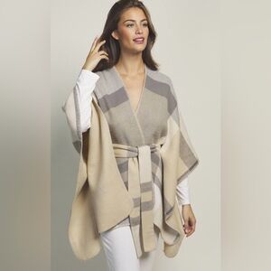 Neutral Striped Belted Poncho Sweater - Women